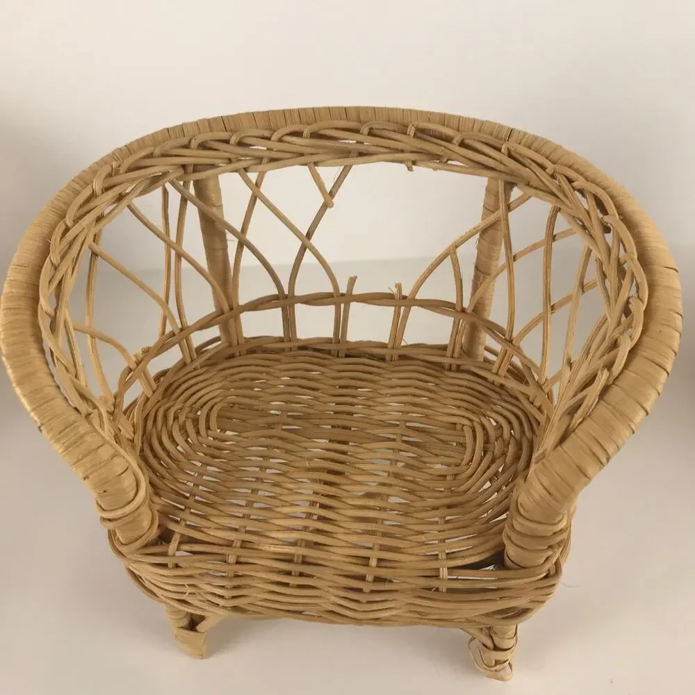Vintage Fashion Doll Wicker Rattan Toy Furniture Set Loveseat Chair Table Mini